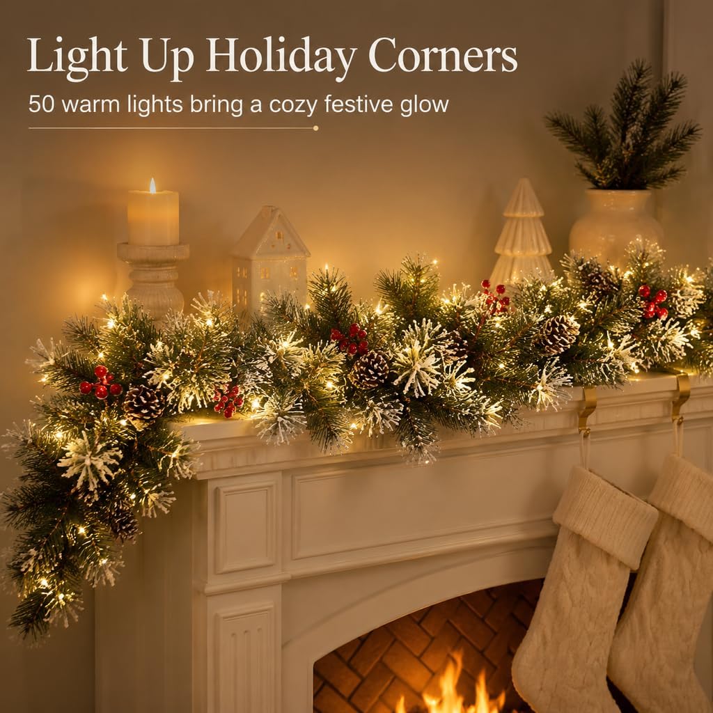 9FT Pre-Lit Artificial Christmas Garland with 50 Lights, Snow Garland Decorated with Pine Cones and Red Berries