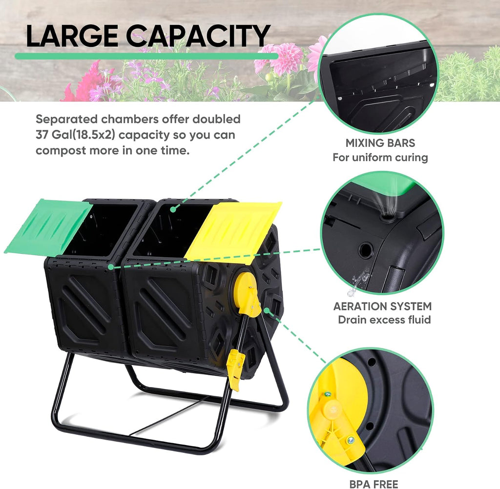 Dual Chamber Composting Tumbler Bin, Tumbling Composter with 2 Sliding Doors for All Season Outdoor, Gardens, Yard