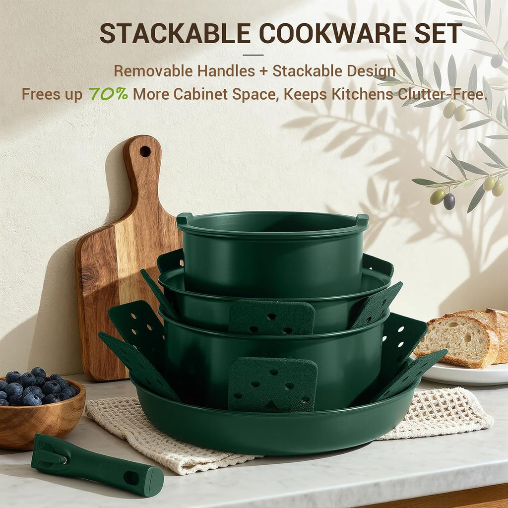 18-Piece Ceramic Pots and Pans Set Non Stick, Non Toxic Cookware Set with Removable Handles, Pot Sets for Cooking