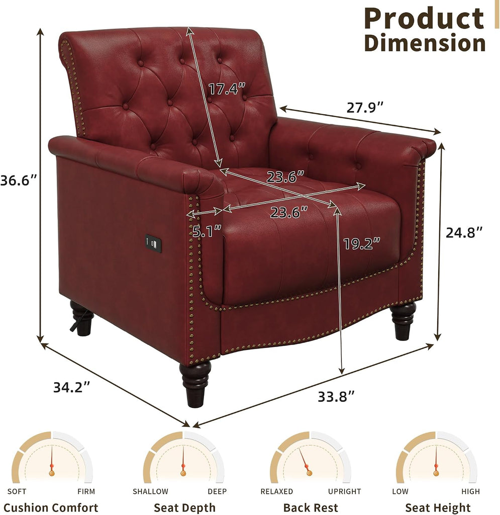Mid Century Accent Chair, Faux Leather Armchair with Wooden Legs, Wine Red