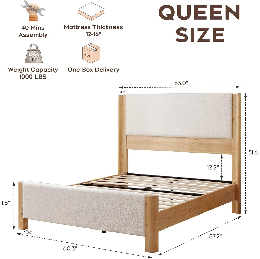 Queen Size Bed Frame with 51" Upholstered Headboard, Solid Wood Wingback