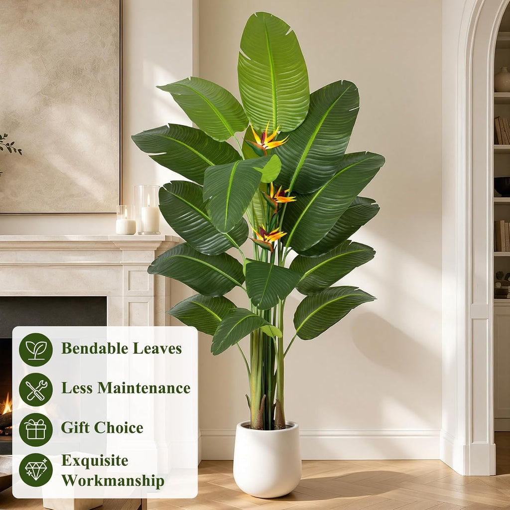 Bird of Paradise Artificial Plant in White Pot, 7ft Tall Faux Banana Leaf Tree with 3 Tropical Bird Flowers & 15