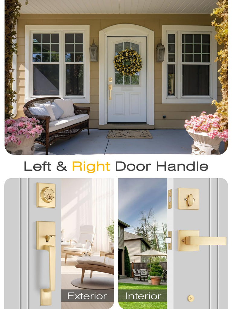 Front Door Handle and Deadbolt Set, Satin Brass Exterior Door Lock Set
