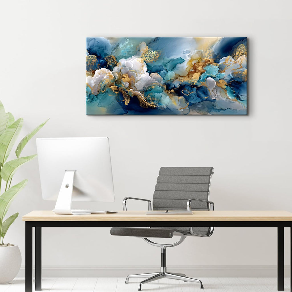 Teal Wall Art Turquoise Abstract Wall Decor Blue and Gold Canvas Pictures Modern Marble Ink Textured Painting Poster
