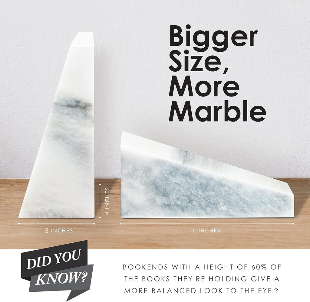 Polished Heavy Stone Marble 6" Book Ends for Bookshelf Decor, Home, Office or Kitchen Shelves. Heavy, Triangular, and