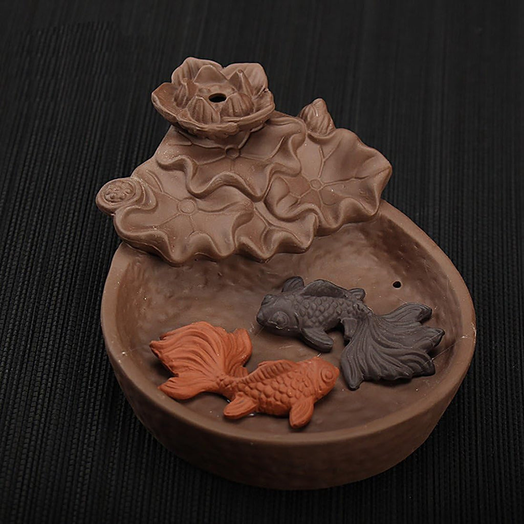 Two Fishes Ceramic Purple Clay Smoke Backflow Incense Cone Sticks Burner Holder - Set of 53