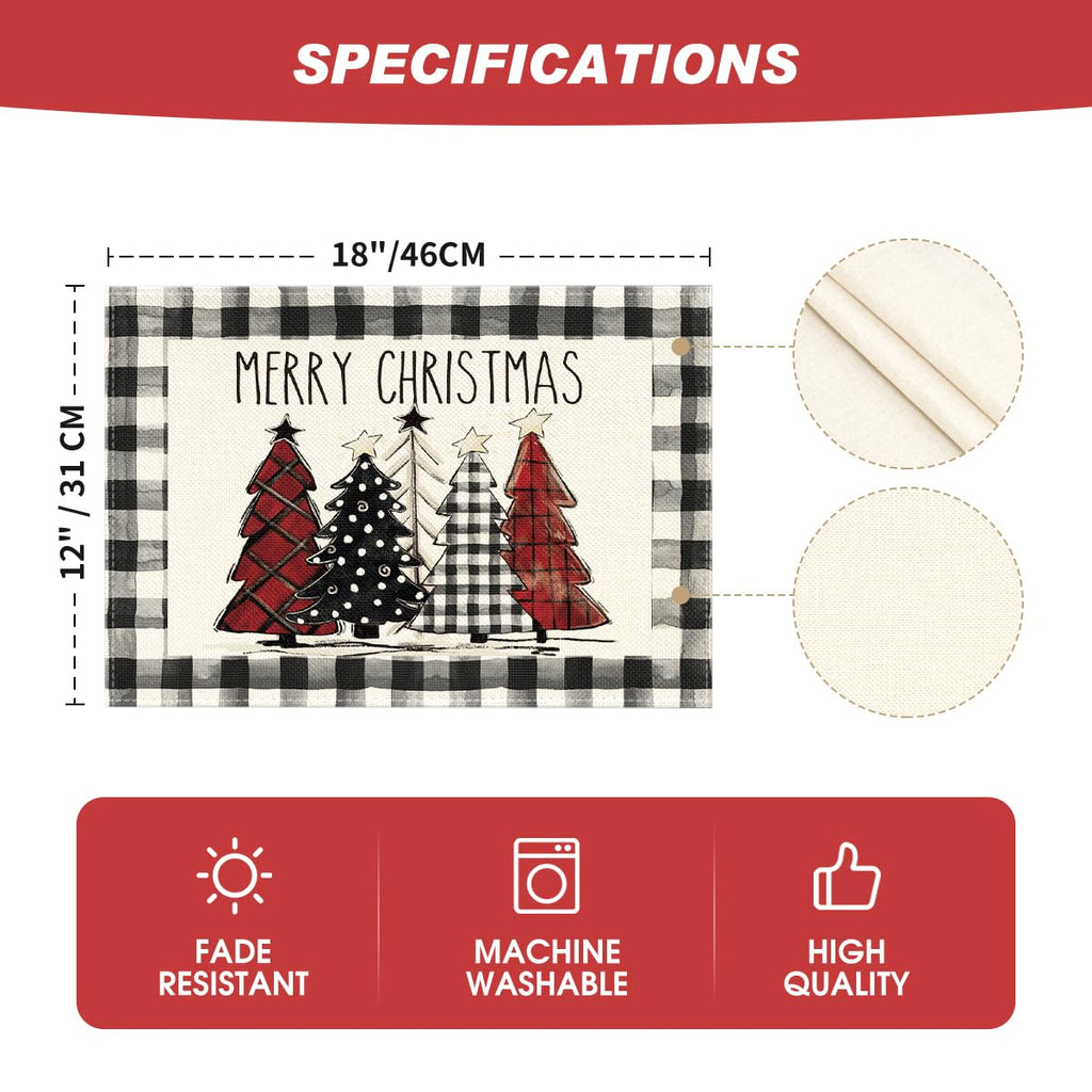 Waterclor Buffalo Plaid Christmas Trees Placemats Set of 8, 12x18 Inch Winter Table Mats for Outdoor Home Party
