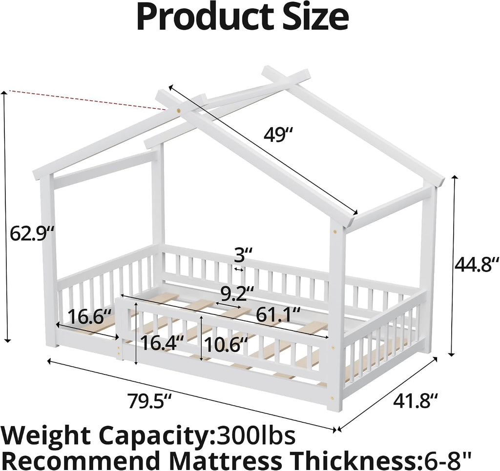 Tw Bed with Fence, Wooden Montessori Bed with Slats Support, Floor Bed Frame for Boys Girls Bedroom, White