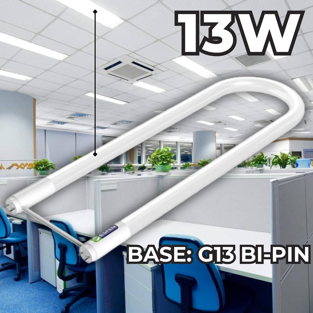 U-Bend LED T8 Type A+B Tube, Plug & Play or Ballast Bypass, 13W, Up to 2000lm, 3000K/5000K, 1-5/8" U-Bend, G13 Base