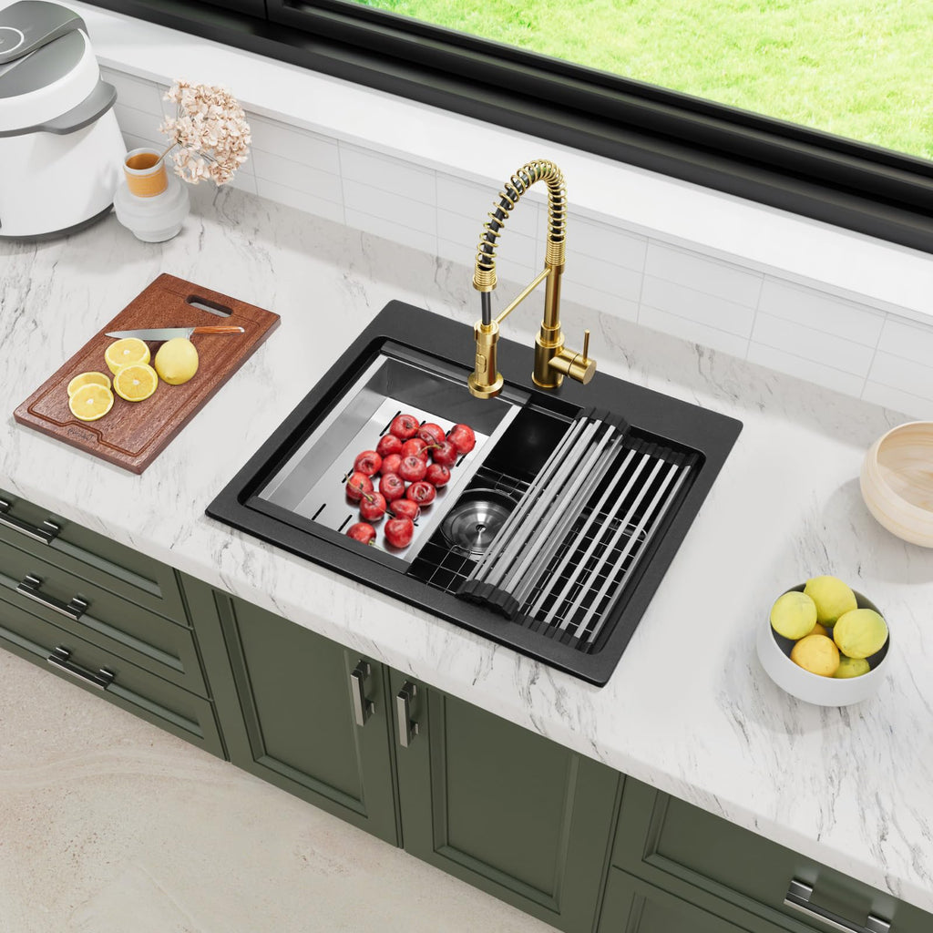 22 Inch Matte Black Granite Drop Sink Workstation