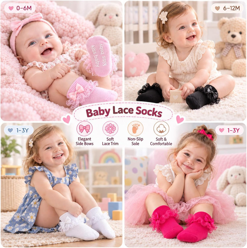Baby Girl Ruffle Socks with Grips, Cotton Bowknot Lace Dress Socks