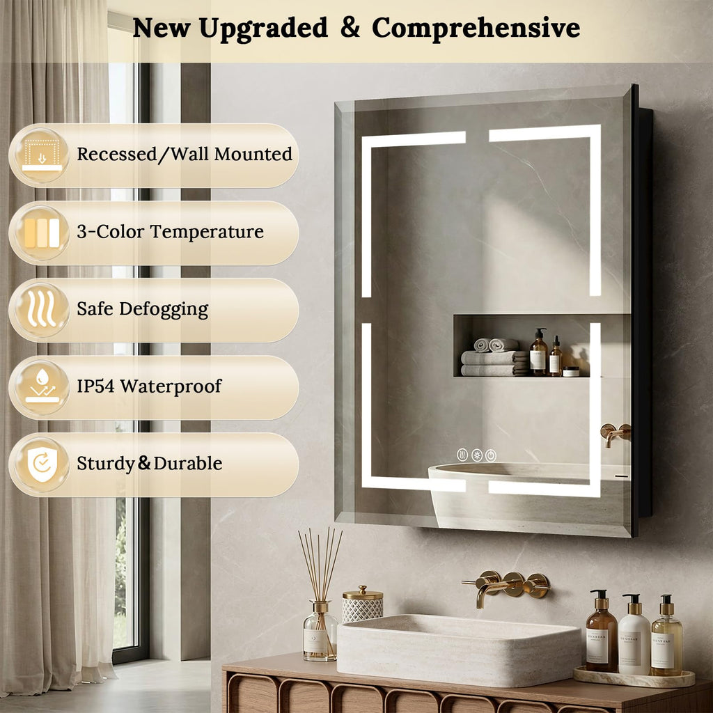 36"X30" Bathroom Medicine Cabinet with Mirror, LED Lighted Medicine Cabinet with Anti-Fog, 3 Colors Temperature