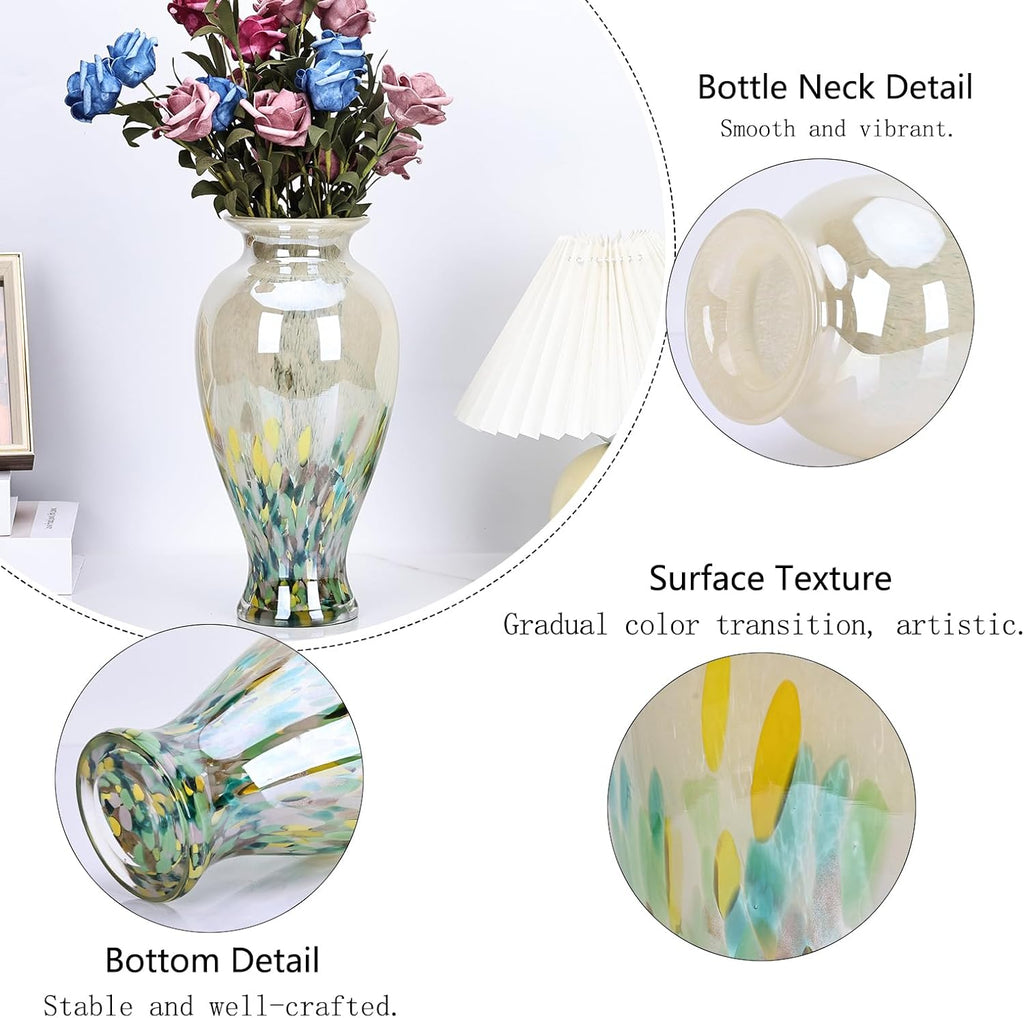 Hand Blown Glass Vase 11.8" Tall Beautiful Green Sea Wide Mouth Bud Vase for Table Centerpiece, Painted Colorful