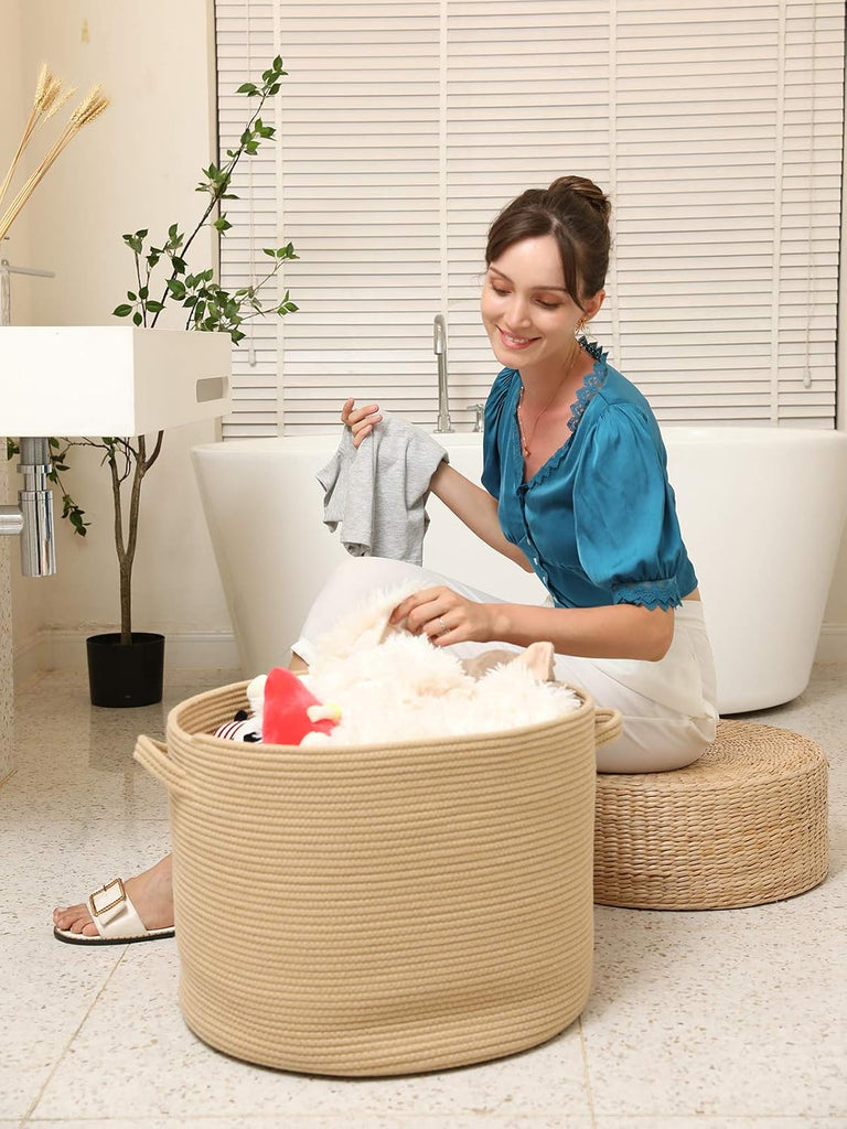 16x18 Inch Extra Large Round Cotton Rope Storage Basket with Lid, Decorative Woven Bin with Cover Bedroom Closet