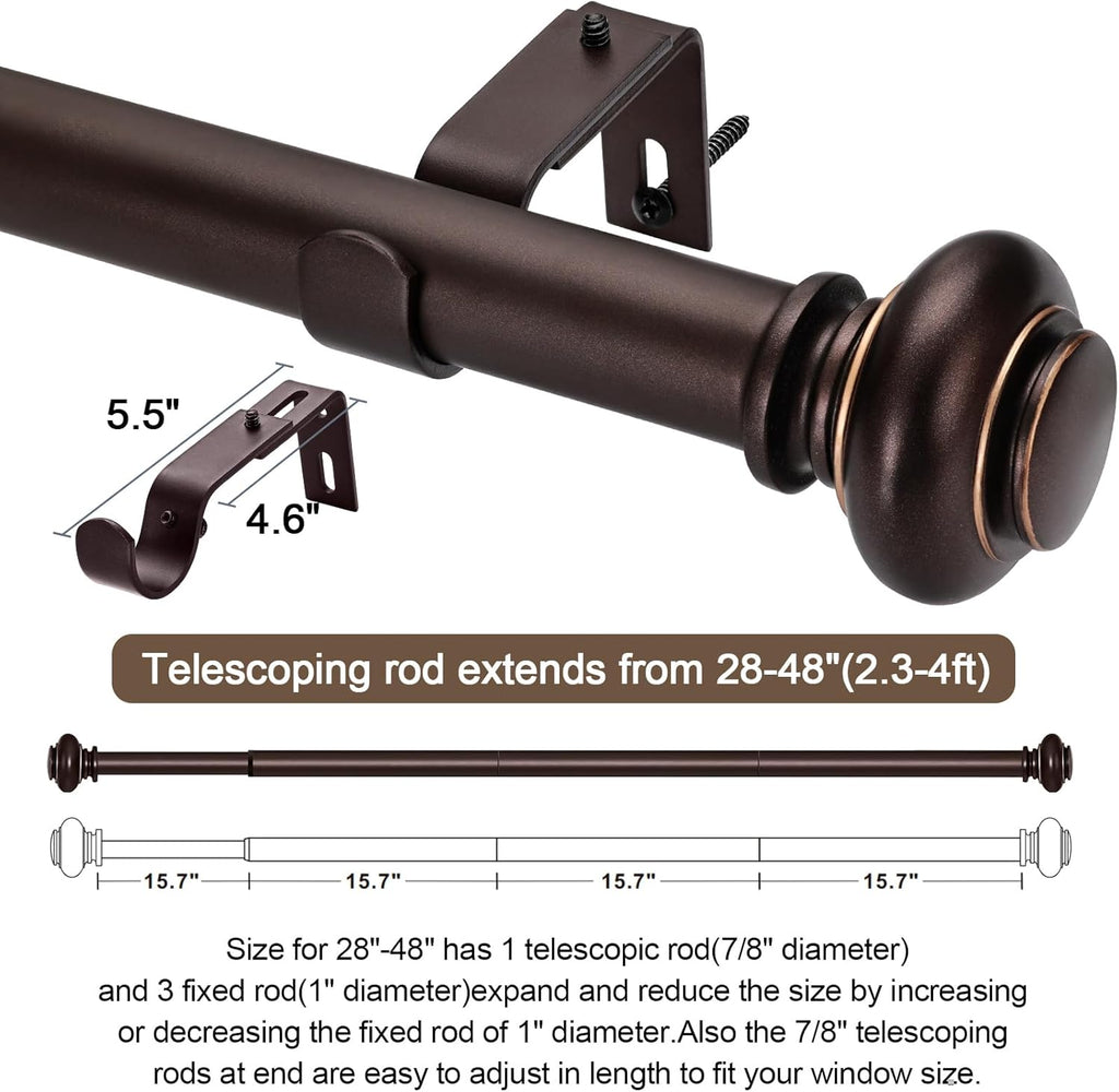 Bronze Curtain Rods for Windows 28 to 48 Inches Adjustable Decorative 1 Inch Diameter Single Window Curtain Rod Set