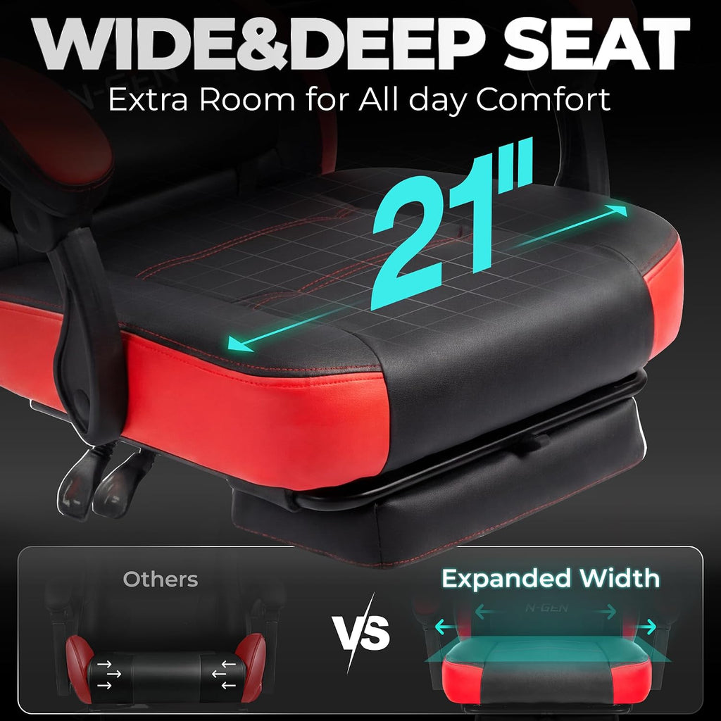 Big & Tall Gaming Chair with Footrest, Lumbar Support, Red | Ergonomic High-Back Chair for Adults, Padded Wide Seat