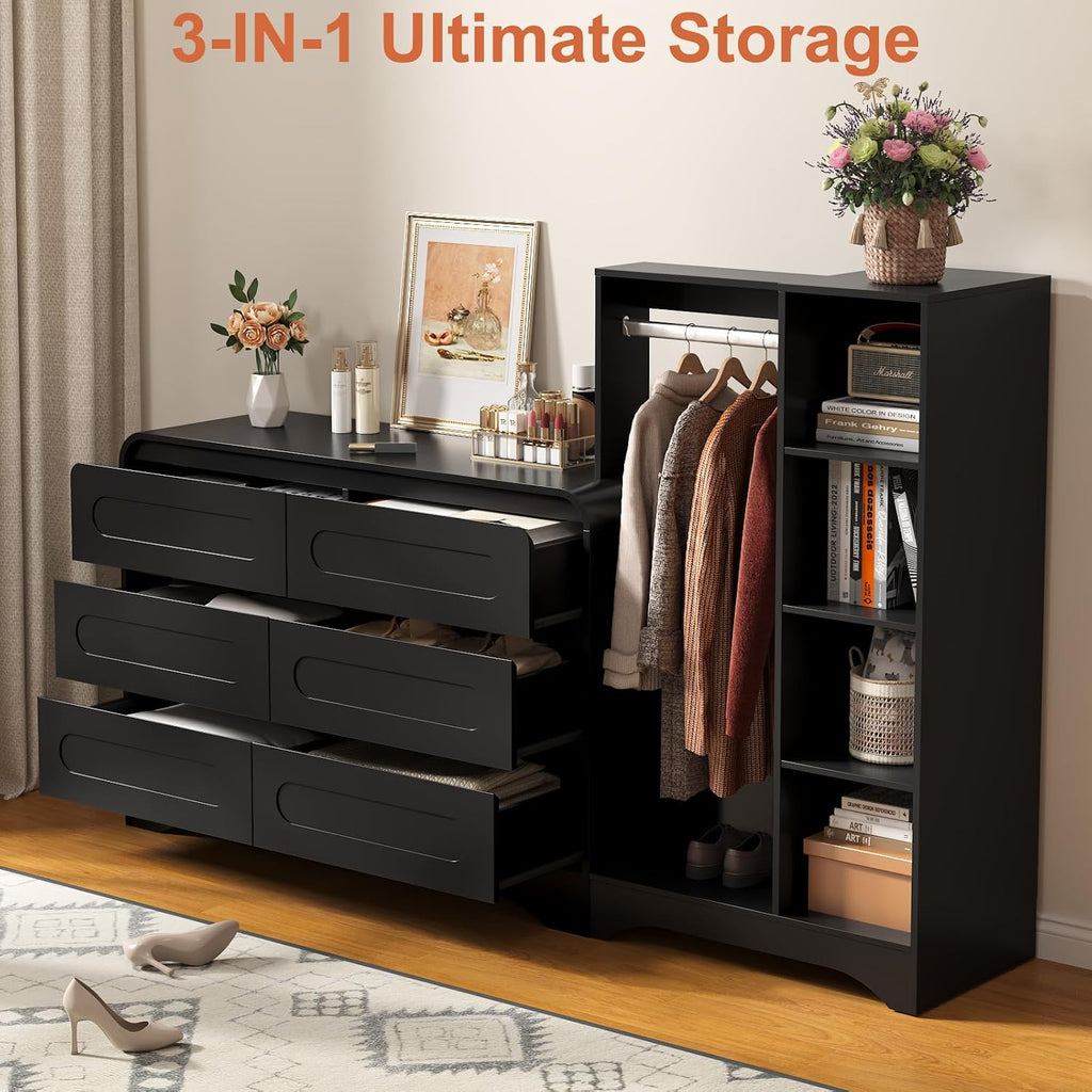 Dresser with Clothes Hanging Rack, Wardrobe Closet w/ 6 Drawers and Shelves | Pre-Installed Slides for Fast