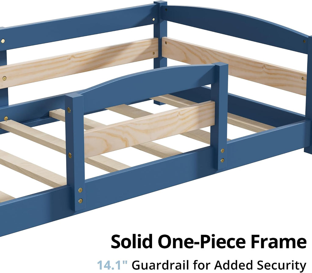 Standard Crib Size Toddler Bed, Wooden Low Montessori Floor Bed Frame with 2 Enters and Safe Guardrails for Boys and