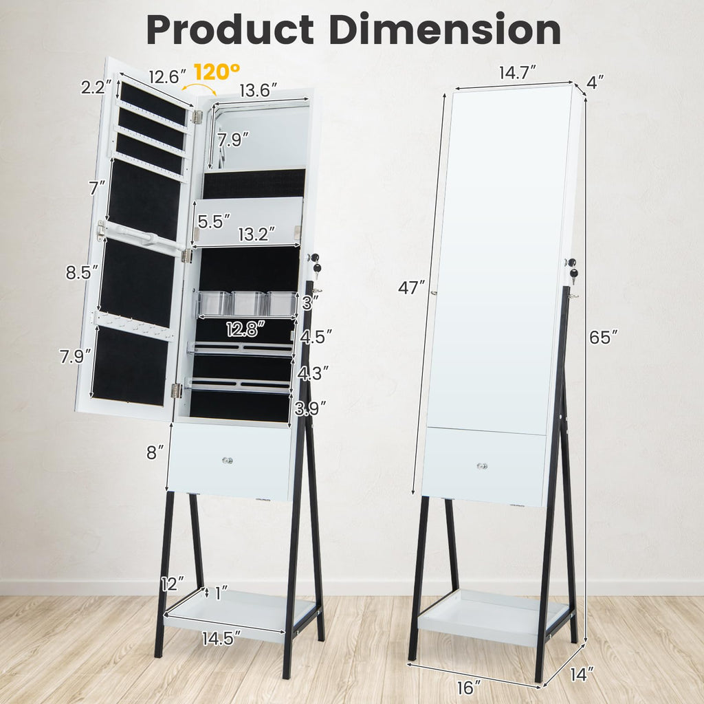 Jewelry Cabinet Armoire with Full Length Mirror, 3-Color Light Strips, Mirrored Tilt out Drawer, Lockable Standing