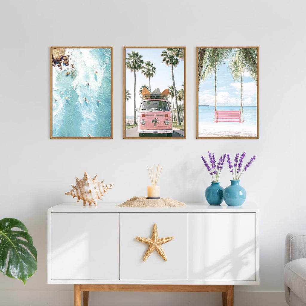 Large Summer Beach Surfing Scene Framed Canvas Wall Art Set, Coastal Pink Van and Surfboards Wall Decor, Trendy Beach