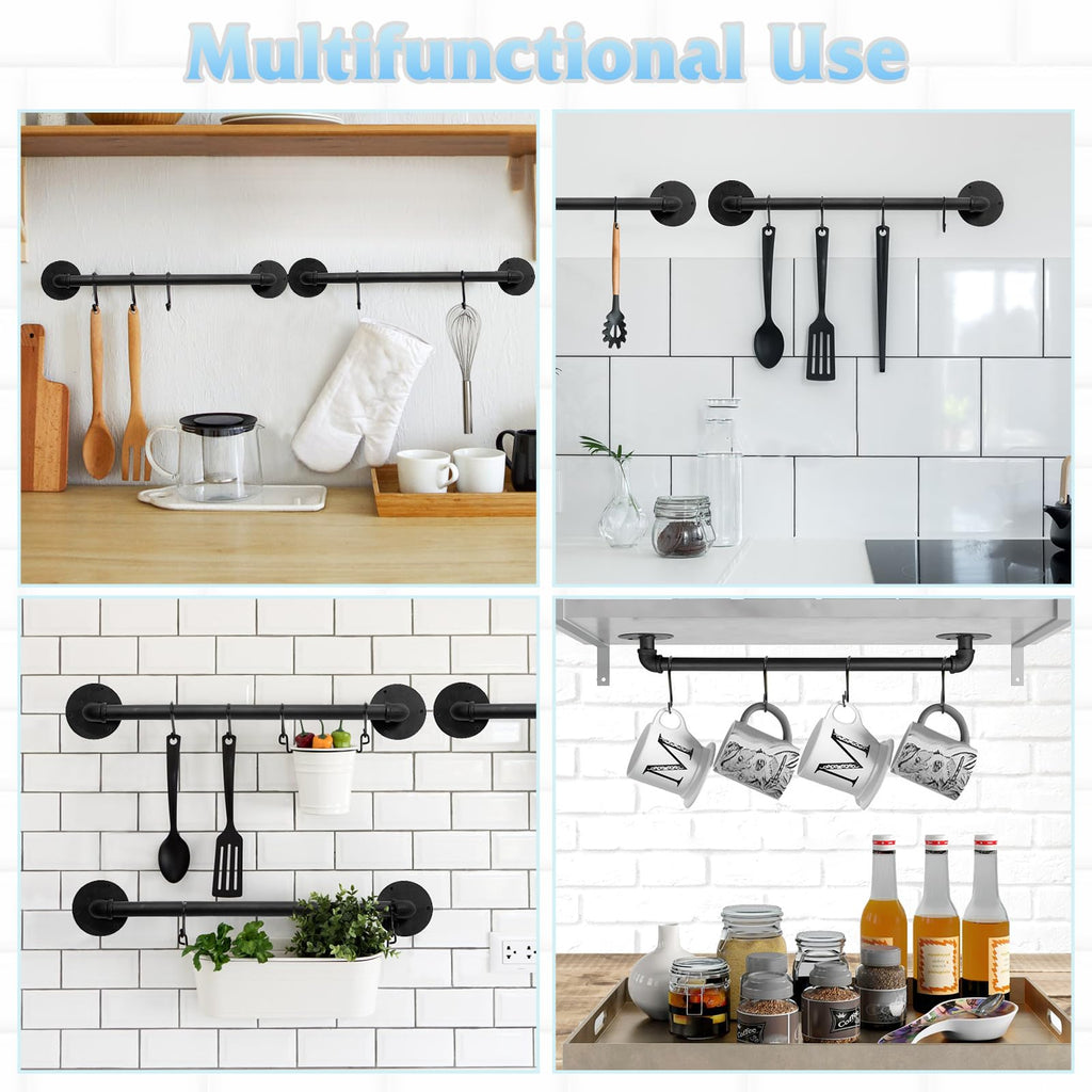 Pot Pan Rack Wall Mounted Set of 2, 21" Industrial Pipe Utensils Hanger Holder Pots Storage Organizer Iron Detachable