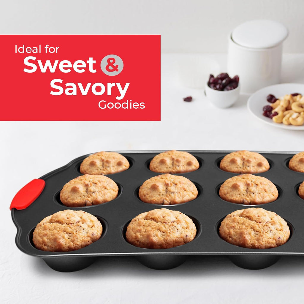 Non-Stick 8-Piece Pan Set, BPA-Free Carbon Steel Bakeware Set with Silicone Handles, Stackable Kitchen Oven Set