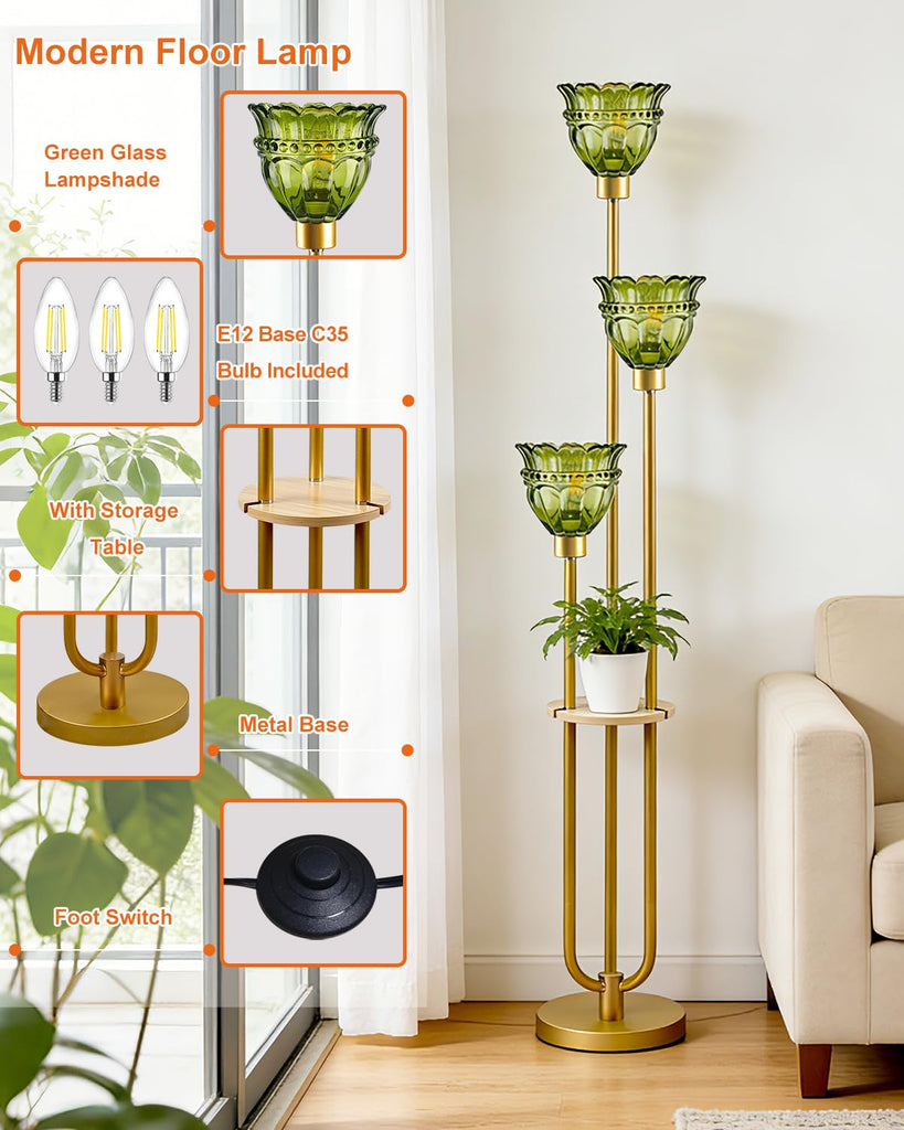 3-Light Green Tulip Glass Floor Lamp with Side Table, Mid Century Modern Gold Tall Standing Lamp, 3000K Warm White