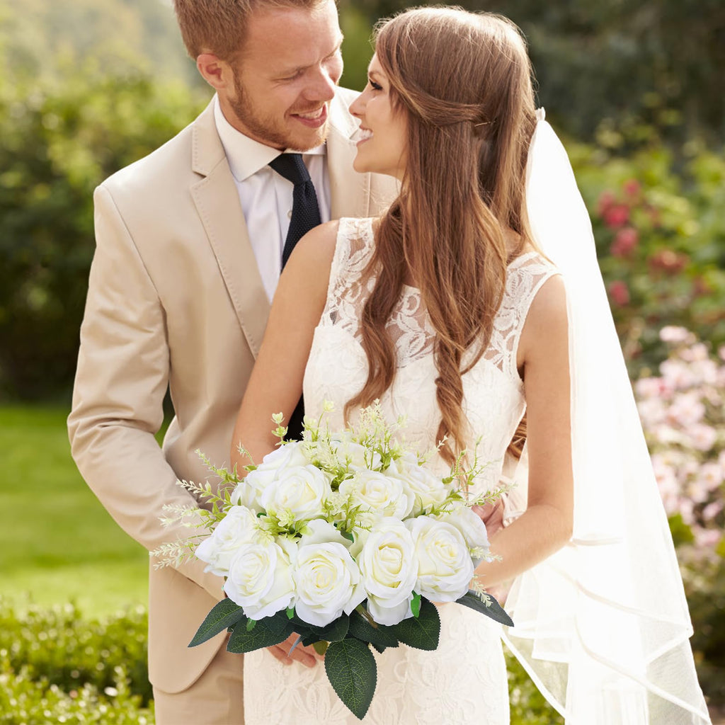 50PCS Artificial Silk Roses Flowers - Realistic Fake Roses in Bulk & Bouquet Long Stem White Rose for Wedding