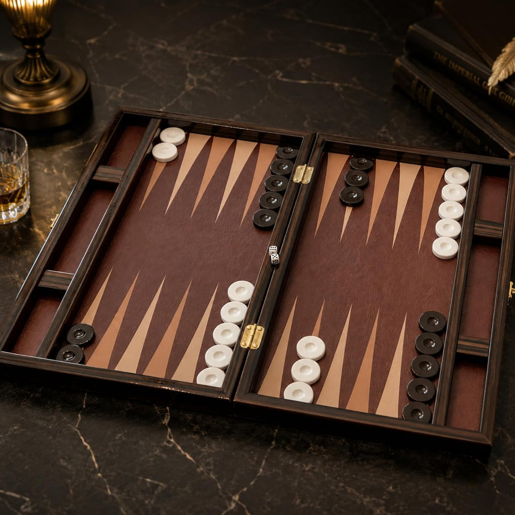 Luxury Turkish Backgammon Set for Adults, XXL 19 Inch Handcrafted Ebony Wood & Vintage PU Leather Backgammon Board
