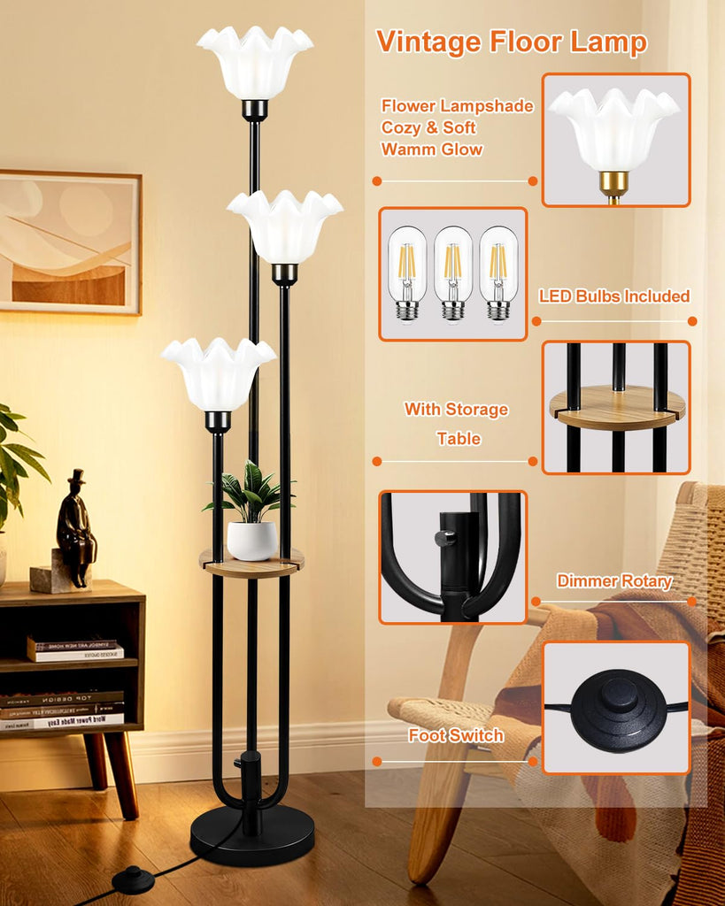 Flower Floor Lamp Dimmable Vintage Floor Lamp with Shelf & Bulbs Included Mid Century Black Floral Standing Tall Lamp