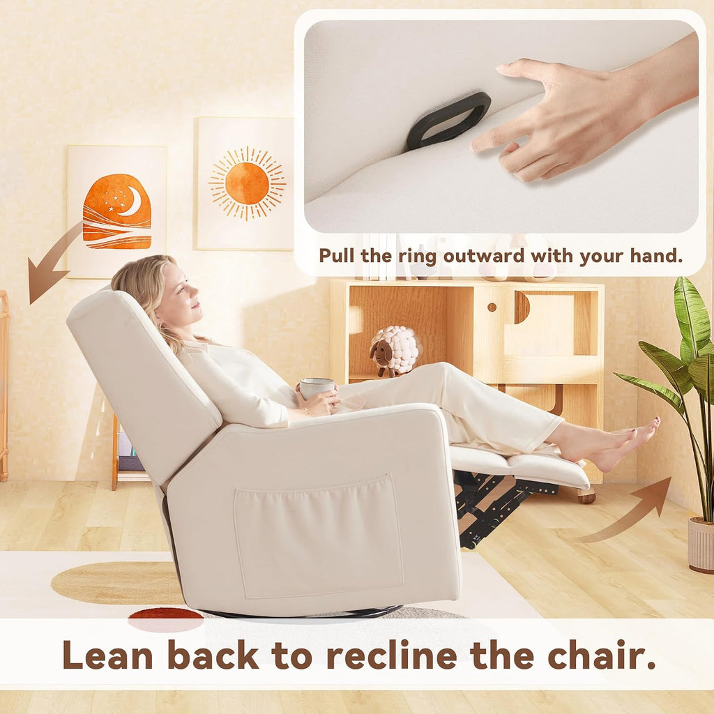 32" Nursery Rocking Chair, 360° Swivel Recliner Chair with Lumbar Support , Comfy Upholstered Armchair with Pillows &