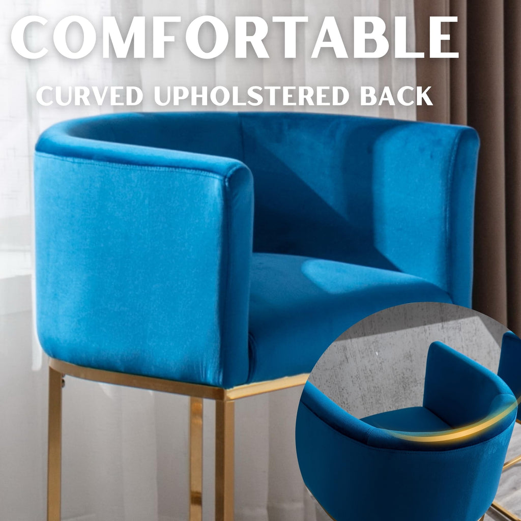 Contemporary Blue Velvet Bar Stools Set of 3, 24" Upholstered Fabric Counter Height Barstools Kitchen Counter Island