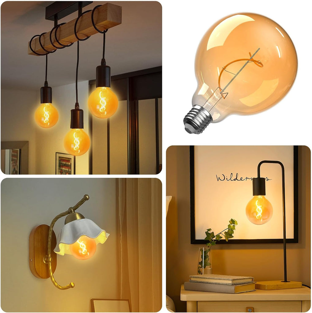 4W G125 LED Large Globe Light Bulbs Dimmable, Oversized Amber Glass E26 Edison Round Light Bulb 2000K Warm White