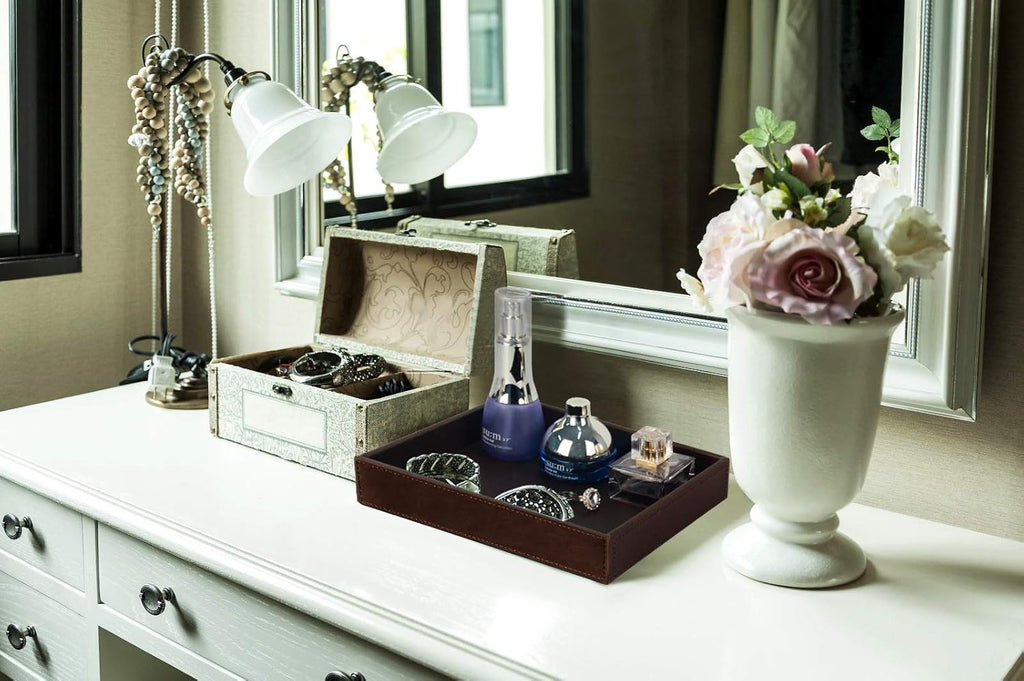 Decorative Vanity Tray, Desktop Storage Organizer, Catchall Tray, Valet Tray, Nightstand or Dresser Organizer, PU