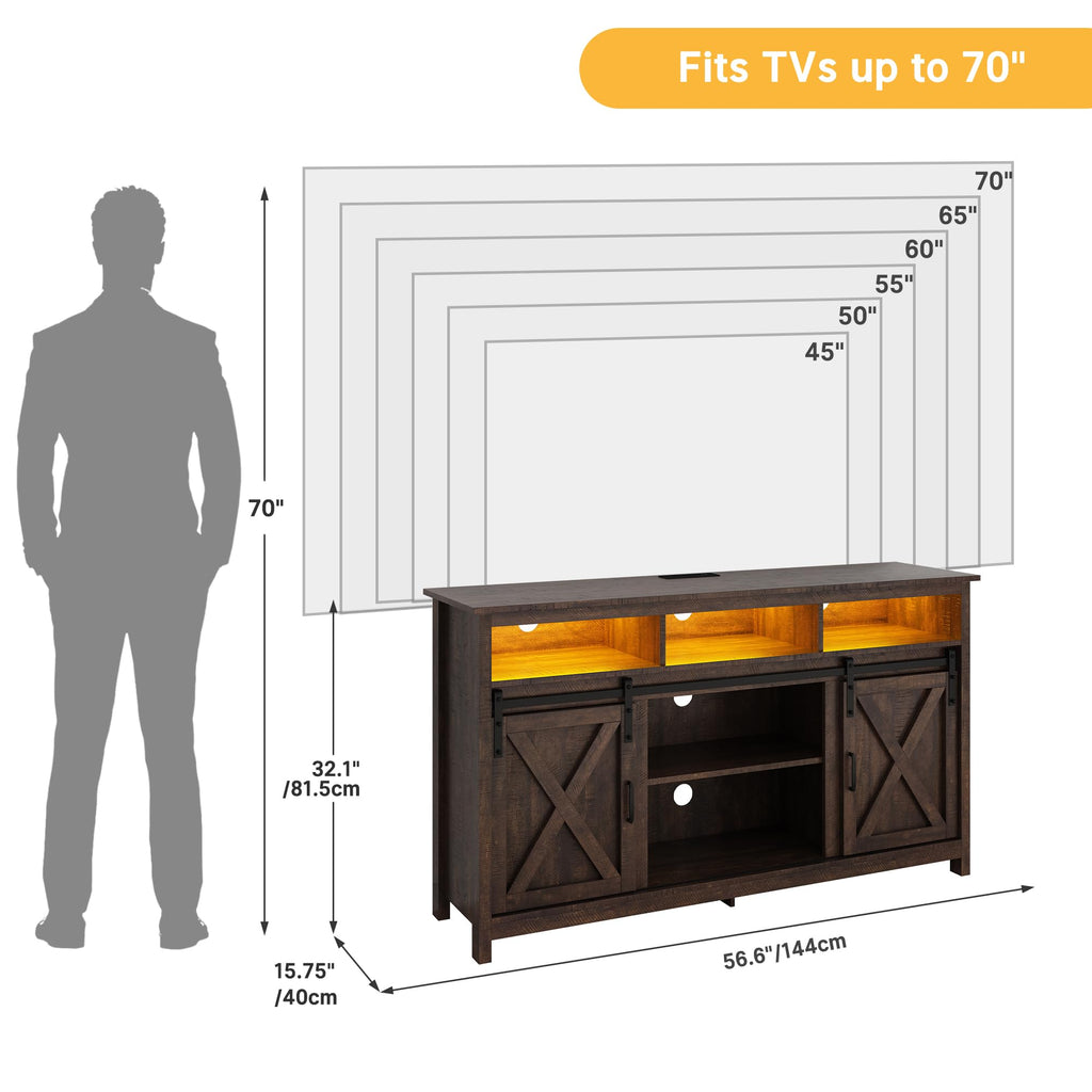 57In Wooden Farmhouse Entertainment Center for 60/65 inch TV, Double Layer Storage Farmhouse TV Stand, Double-Row