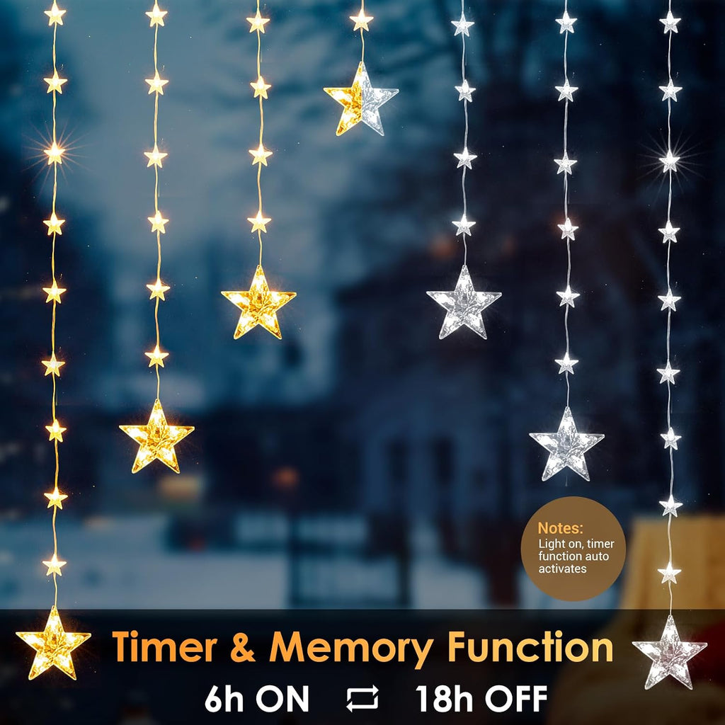 46 Stars Curtain Lights, Battery Operated Christmas Star Window Lights - Warm White with Timer & Memory Function & 8