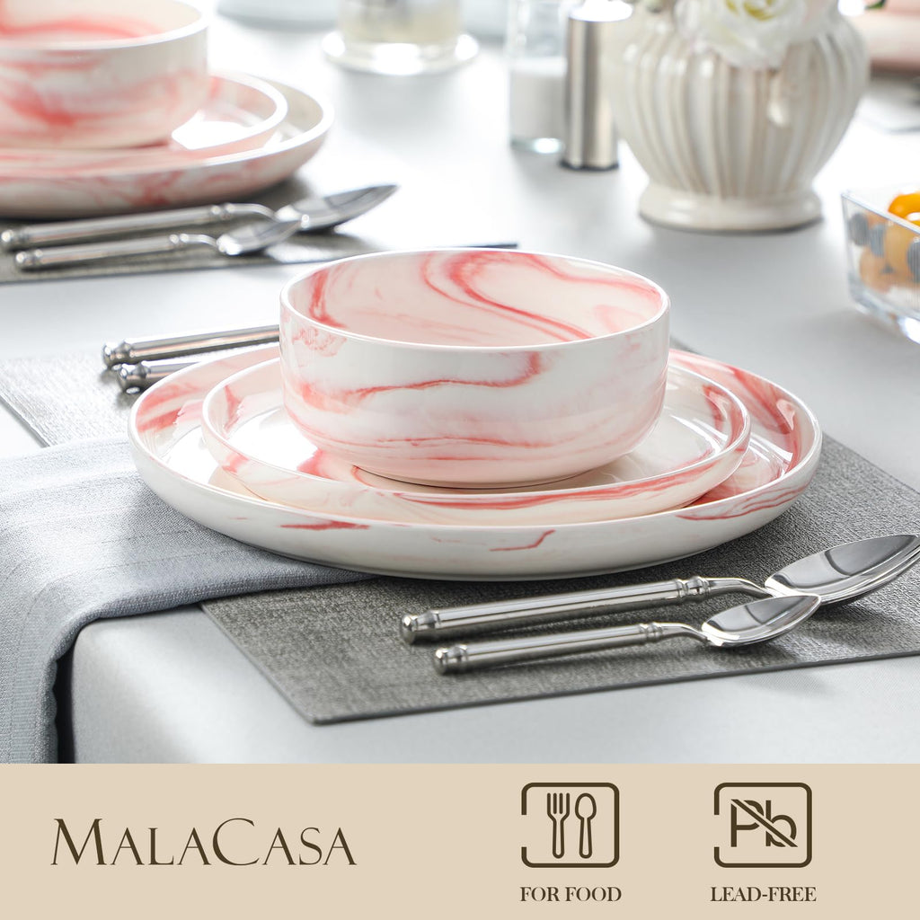 12 Pcs Porcelain Plates and Bowls Sets,Dinnerware Set for 4,Pink