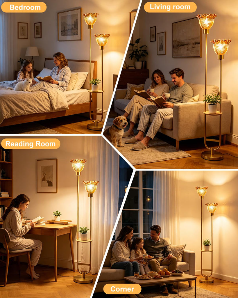 Amber Glass Floor Lamp with Table 2-Lights Modern Gold Tall Lamps