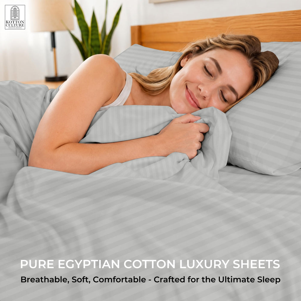 Striped Cotton Sheets 4 Piece 100% Egyptian Cotton 600 Thread Count Soft Bedding Luxury Hotel Sheets with 16" Deep
