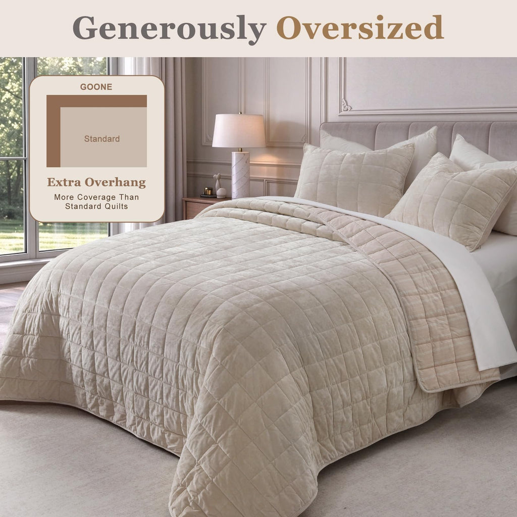 Velvet Quilt Set Oversized King 112"x106", Light Beige