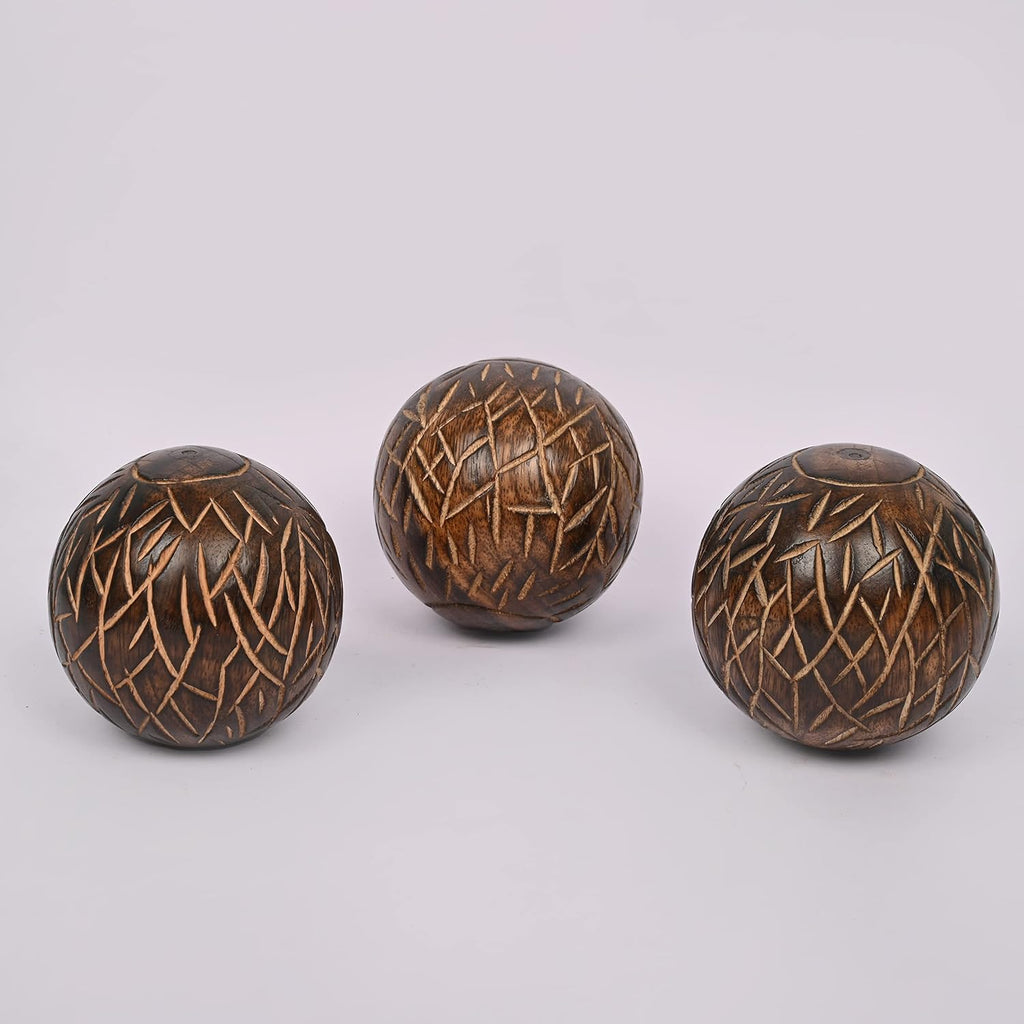 Decorative Mango Wood Round Balls Decor Modern Decorative Balls. - Set of 3