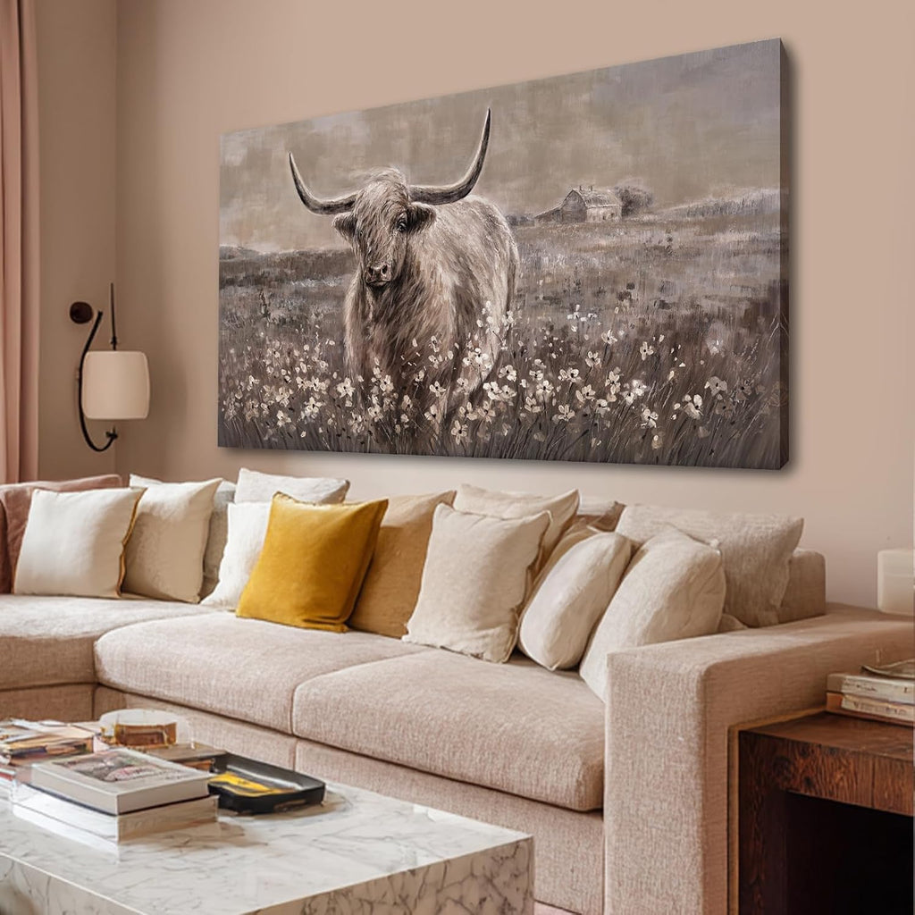 Beige and Brown Highland Cow Canvas Wall Art - Inch Framed Large Painting for Rustic Farmhouse Living Room