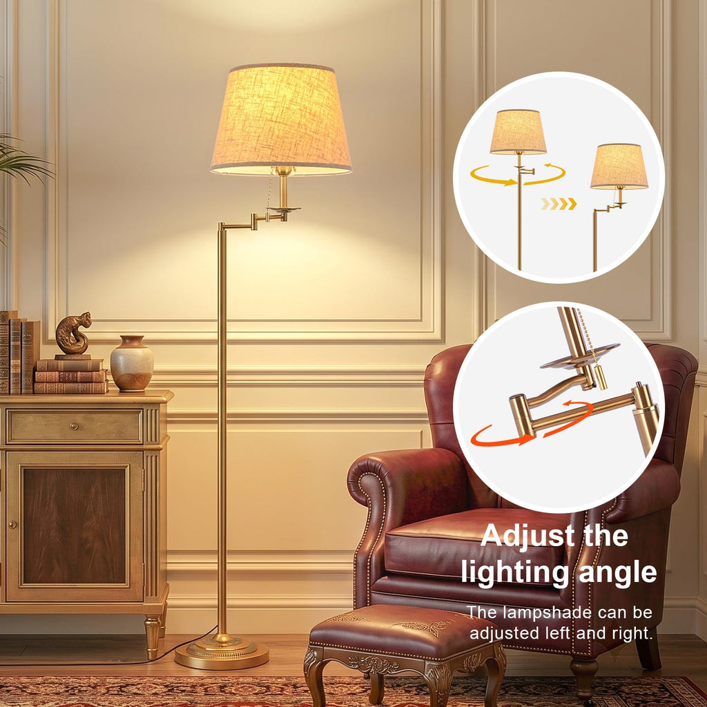 Gold Brass Swing Arm Floor Lamps with 3-Color Bulb, Eye-care Reading Light