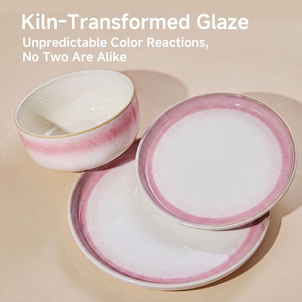 Dinnerware Set for 4, Pink Reactive Glaze Plates and Bowls Sets