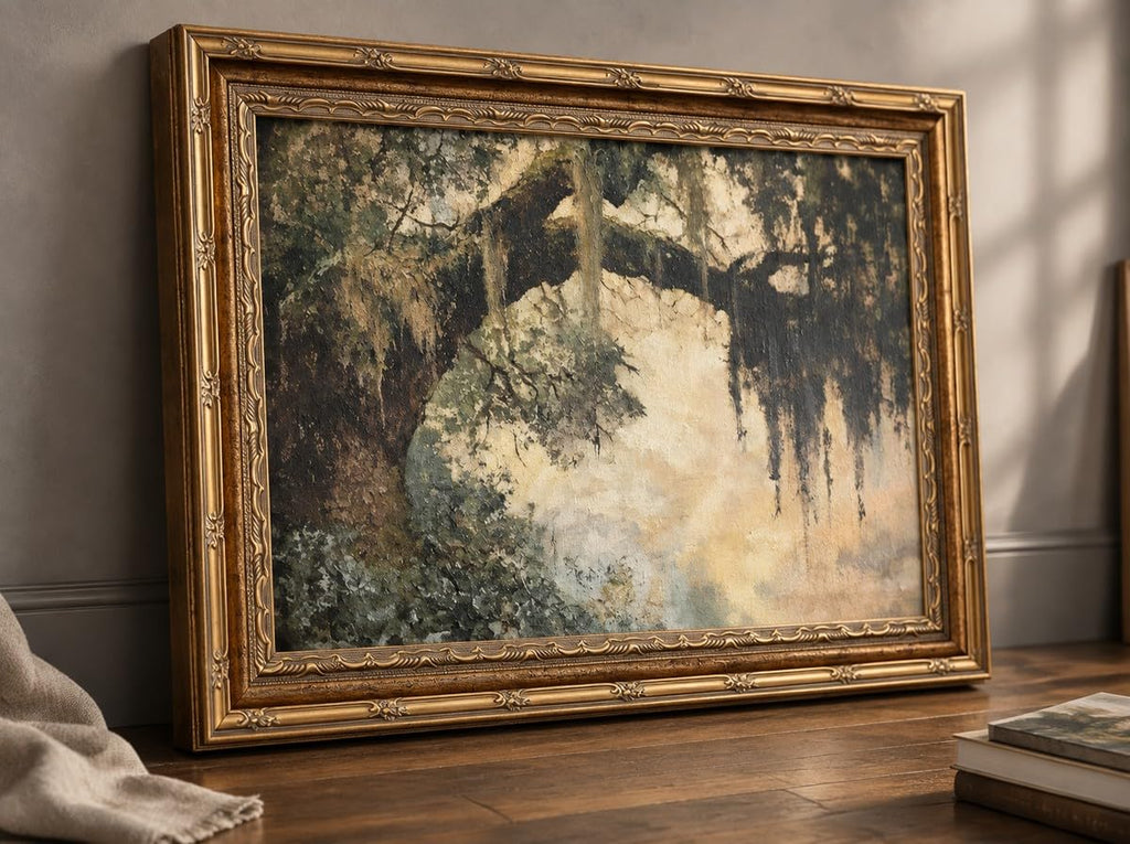 Vintage Gold Framed Vintage Oak Tree Wall Art Retro Landscape Canvas Wall Decor Oak Tree Moss Artwork Picture Retro