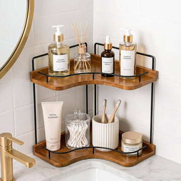2-Tier Corner Bathroom Counter Organizer with Solid Wood Shelf