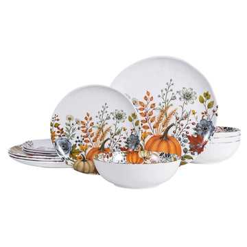12pcs Melamine Dinnerware Set - Fall Pumpkin Plates and Bowls for RV