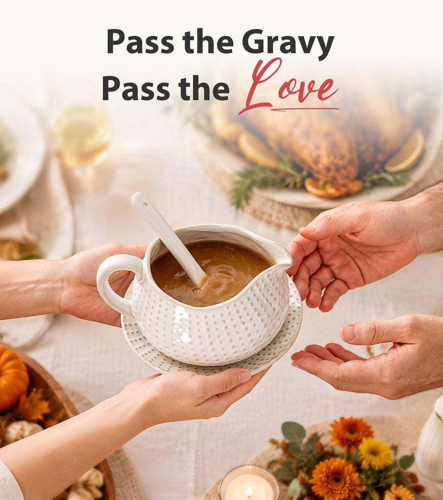 24oz Gravy Boat with Ladle and Saucer Stand, Large Ceramic Sauce Boat with Tray for Gravy, Salad Dressings, Creamer