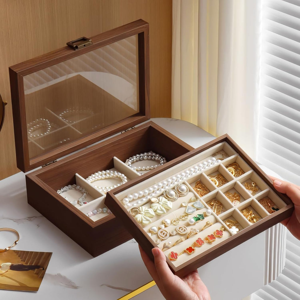 2-Layer Glass Lid Walnut Jewelry Box,Wooden Jewelry Organizer