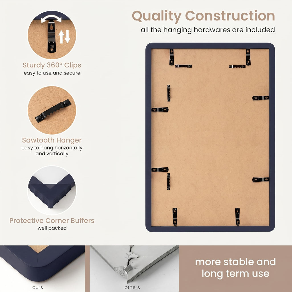 16x16 Solid Wood Square Frame | Matted for 12x12 Picture | Tempered Glass and Hanging Hardware Included | Navy Blue